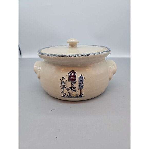 Home & Garden Party Birdhouse Bean Pot with Handles with Lid Stoneware - Picture 1 of 9